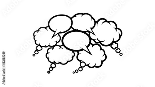 Tight Cluster of Empty Comic Speech and Thought Bubbles, Overlapping Dialog Boxes on Isolated White Background