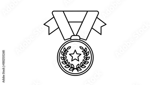 Single Medal Icon with Star and Laurel Wreath, Outline Ribbon Award on Isolated White Background