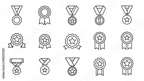 Collection of Medal and Award Icons, Various Outline Rosettes and Ribbons on Isolated White Background
