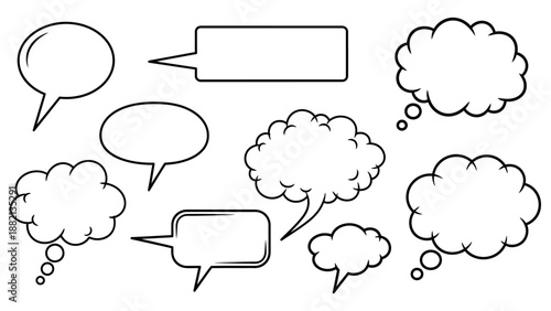Clean Set of Simple Speech and Thought Bubbles, Black Outline Design on Isolated White Background