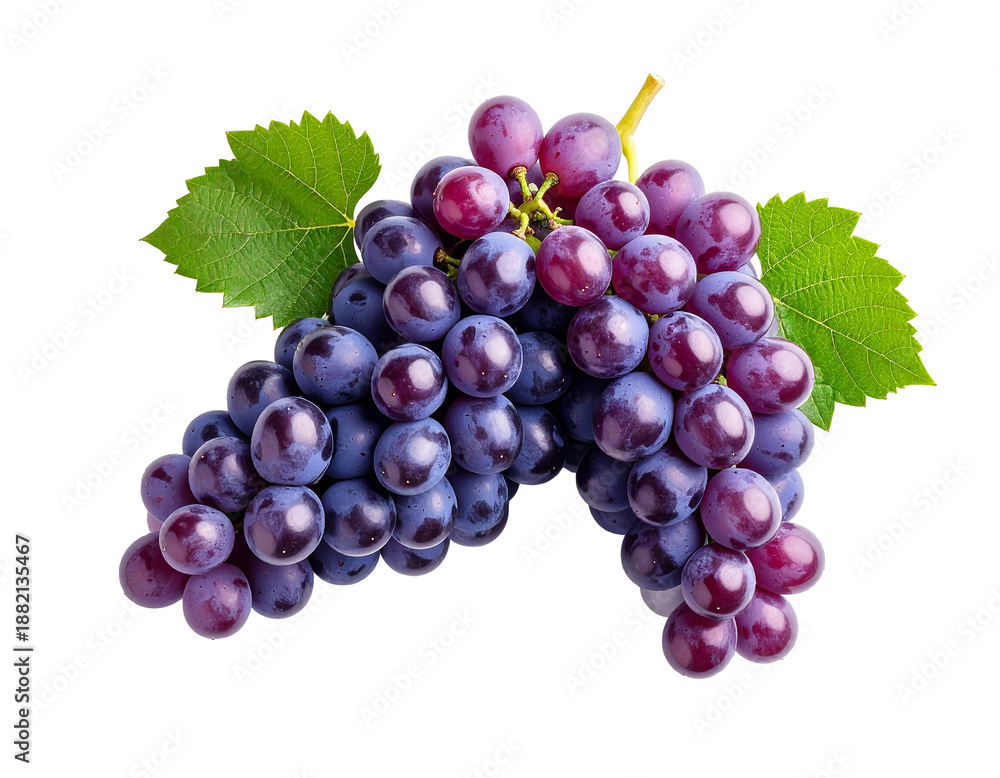 Fototapeta premium A vibrant bunch of purple grapes with green leaves on a black background Transparent PNG