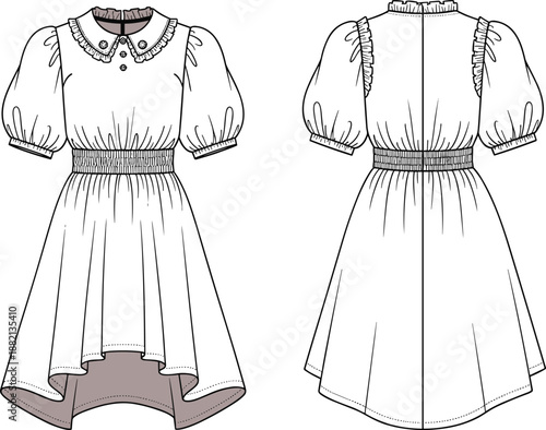 PrintWomen Peter Pan Collar Dress Technical Fashion Illustration Flat Sketch with Ruffled Edges Puff Sleeves Smocked Waist and High Low Hem Design Template