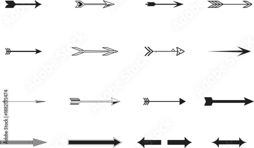 Collection of various black and white arrow icons on white background