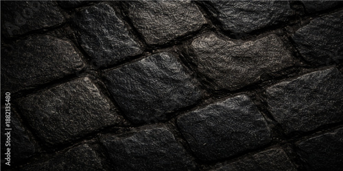 Rough black leather and fabric texture background with an abstract stone wall pattern featuring old weathered concrete and dark grey granite material