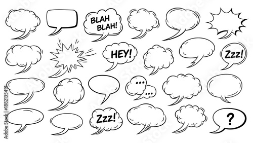 Variety of Comic Style Speech Bubbles and Thought Clouds with Expressive Text on Isolated White Background