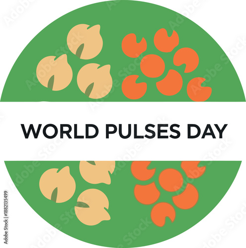World Pulses Day Celebration Badge with Lentils and Chickpeas Icon on Green Circle Background