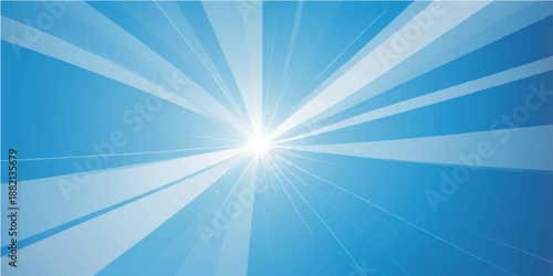 An abstract blue sunburst background features bright light rays and a glowing summer starburst design with vector sunlight flares erupting from a vibrant sky blue explosion