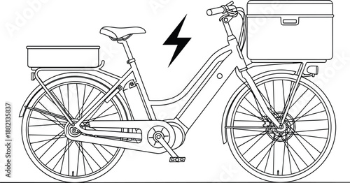 Electronic delivery cargo e-bike with front and rear baskets, electric bicycle cad drawing flat vector illustration for urban transport logistics and eco-friendly commuting