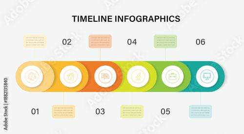 Vector abstract element timeline infographics with 6 options. Colorful diagram, timeline and schedule.