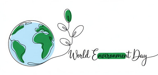 World environment day minimalist vector background with earth in hands and plant. One continuous line drawing. Poster, banner, background with lettering environment day. 