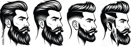 Men face profile with stylish beard and pompadour hairstyle icons for barbershop, cad drawing flat vector illustration, isolated on white background set.