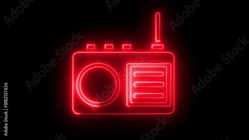 Glowing neon radio transmitter with antenna on black background for tech or communication concepts ,neon signboard icon concept. Glowing neon radio icon isolated HD Video motion graphic animation ,