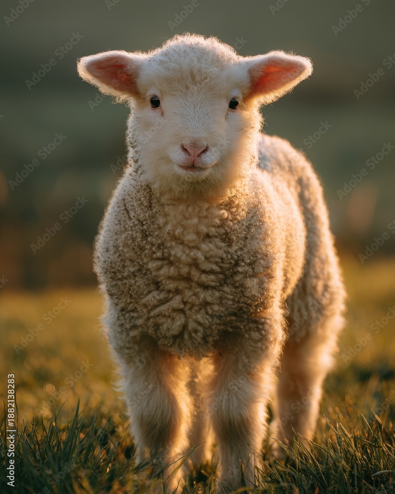 Obraz premium Emotional close-up portrait reveals the gentle spirit of a young lamb at sunset