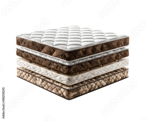 Stack of four different orthopedic mattresses with quilted white and brown fabric covers showing various patterns and textures for comfortable bedding and a healthy spine