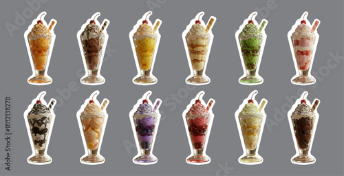 Assorted Gourmet Ice Cream Sundae Sticker Set with Realistic 3D Textures, Isolated Die-Cut Dessert Collection featuring Chocolate, Fruit, and Vanilla Parfaits on Grey Background, Editable AI file