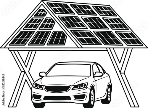 Solar car carport with photovoltaic panels for electric vehicle charging, green renewable energy station, cad drawing flat vector illustration, isolated on white.