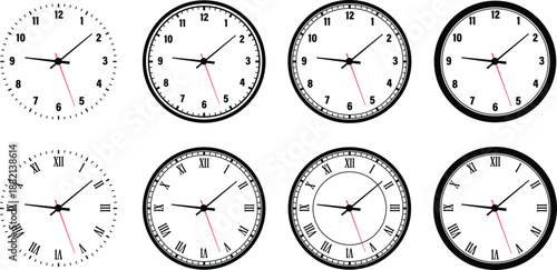 Analog wall clock icon set. Classic round timepiece symbols for schedule and deadline management, watch face designs for office and home decor vector illustration isolated on transparent background.
