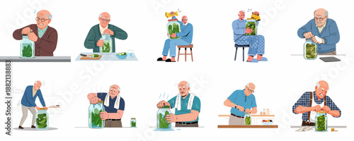 Collection of scenes showing an elderly man struggling to open a sealed jar of pickles, illustrating challenges with strength and aging.