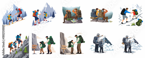 Father and son hiking adventures: A set of illustrations depicting men and boys trekking, mountaineering, and exploring nature's wilderness and peaks.