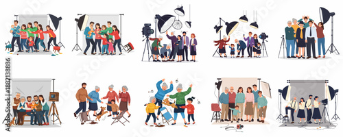 Family studio photo session scenes collection showing different outcomes from perfect portraits to funny chaos and stressful moments.