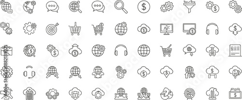 Business, finance, technology, global commerce, cloud computing, data analysis, customer support, currency, shopping, icons, line style, digital, modern, minimal, interface, analytics, 