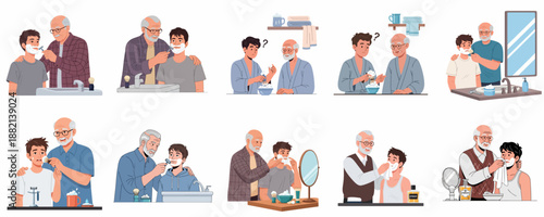 Intergenerational shaving lesson sequence: Senior man teaching a young boy how to shave, illustrating hygiene, mentorship, and family tradition.