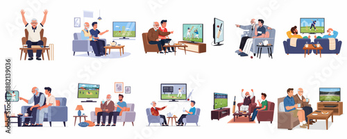 Flat vector set illustrating people, often intergenerational family or friends, watching and enjoying cricket matches on television screens at home.