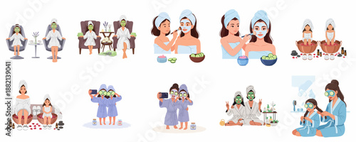 Collection of flat vector illustrations showing women and girls enjoying spa day activities like face masks, pedicures, and beauty routines for self-care and bonding.
