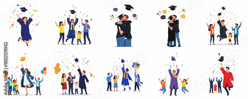 Set of joyful graduation celebration scenes featuring students in gowns jumping, hugging, and celebrating achievement with family and friends.