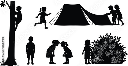 Children outdoor activity silhouettes set, camping, climbing, running, nature play, social interaction, black design, educational graphics,