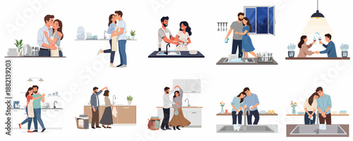 Happy couples sharing domestic chores, showing affection, hugging, and dancing while washing dishes in various kitchen settings.