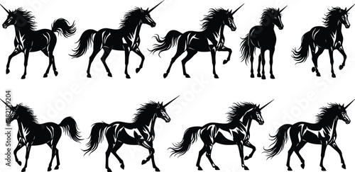 Collection of black unicorn silhouettes in various dynamic poses, walking and running mythological horses with long horns, isolated on white background.