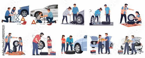 Collection of vector illustrations depicting couples and mechanics changing flat car tires, using jacks, wrenches, and toolboxes for roadside assistance and repair service.