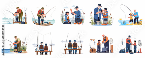 Grandfather and grandson fishing set: Intergenerational bonding, learning outdoor skills, and enjoying leisure time by the water.
