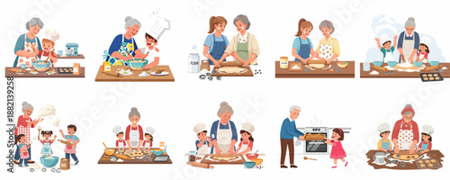 Collection of illustrations showing grandparents, parents, and kids baking cookies and dough together in the kitchen, fostering family bonds.