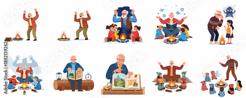 Grandfather Telling Scary Stories, Reading Adventure Books, and Sharing Tales with Children Around a Campfire Collection.
