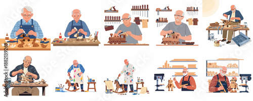 Elderly man engaged in woodworking, making and decorating traditional wooden toys like trains, planes, and animals in his home workshop.