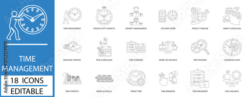 Time Management Productivity Editable Stroke Line Vector Icon Set