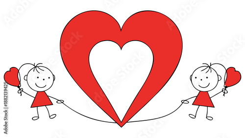 Two happy children holding heart shaped balloons and big heart