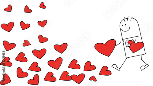 Stylish stick figure character spreading love with hearts