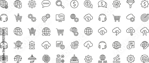 Global Business and SEO Icon Collection Featuring International Finance Digital Marketing Cloud Computing E-commerce Strategy Search Engine Optimization and Logistics Symbols