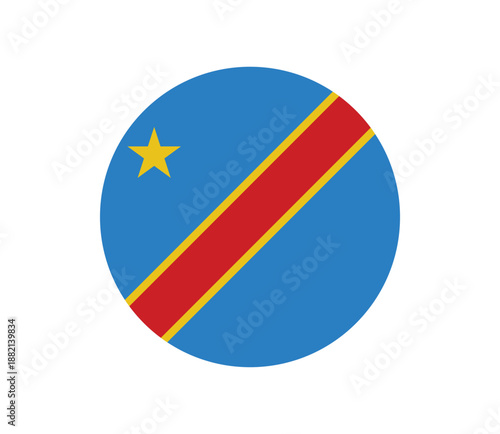 Round flat vector icon illustration of Democratic Republic of the Congo national flag with blue background red diagonal stripe and yellow star