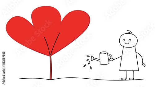 Person nurturing heart tree with watering can