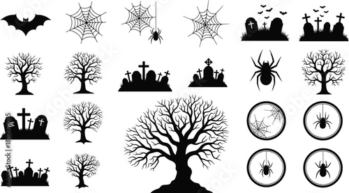 Halloween silhouette icons set featuring spooky trees, graveyard tombstones, spider webs, bats, and hanging spiders for festive holiday graphic design projects.