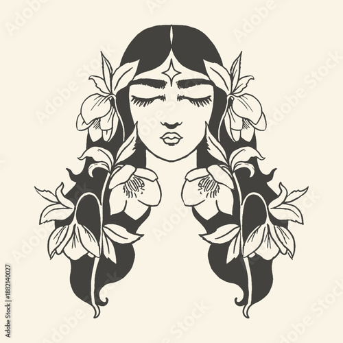 Celestial Goddess Illustration with Floral Hair and Star, Black and White Minimalist Line Art Portrait of a Serene Woman for Spiritual and Wellness Branding