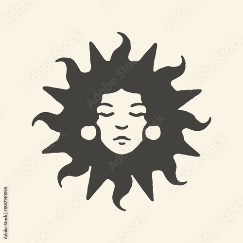 Celestial Goddess Sun Face Illustration in Minimalist Black and White Boho Style for Mystical Branding, Zen Decor, and Spiritual Art Design