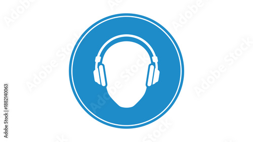 Blue circle sign with keywords: white silhouette of head wearing headphones symbol
