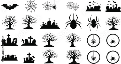 Halloween silhouette icons set with spooky trees, graveyard tombstones, spider webs, bats, and hanging spiders for festive holiday graphic design elements.