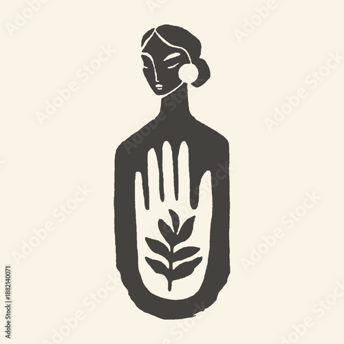Minimalist Black and White Illustration of a Woman with a Hand and Leaf Motif, Abstract Linocut Style Female Silhouette Graphic for Modern Decor, Botanical Art, and Spiritual Design Projects