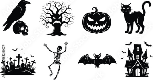 Halloween silhouette illustration set, spooky black icons of skull, bat, haunted house, skeleton, graveyard, cat, pumpkin, tree, raven